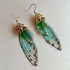 Emerald Green Butterfly Wing Dangle Earrings 925 Silver Hooks | Boho Fairycore
